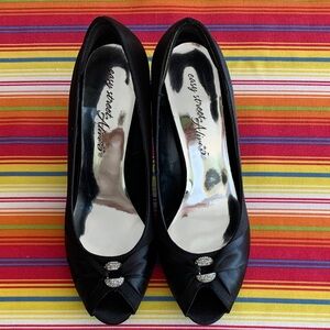 easy street Black Satin Peep-Toe Heels with Rhinestone Accent Size 8